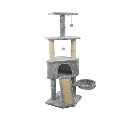 [HOP1001218] Kattenboom grijs 3-laags met krabpaal en mand